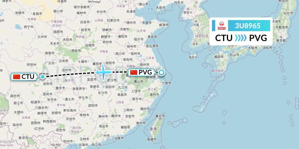 3U8965 Sichuan Airlines Flight Map: Chengdu to Shanghai