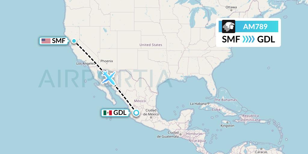 AM789 Aeromexico Flight Map: Sacramento to Guadalajara