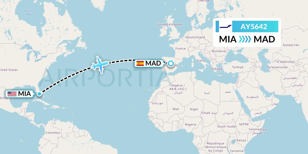 AY5642 Finnair Flight Map: Miami to Madrid