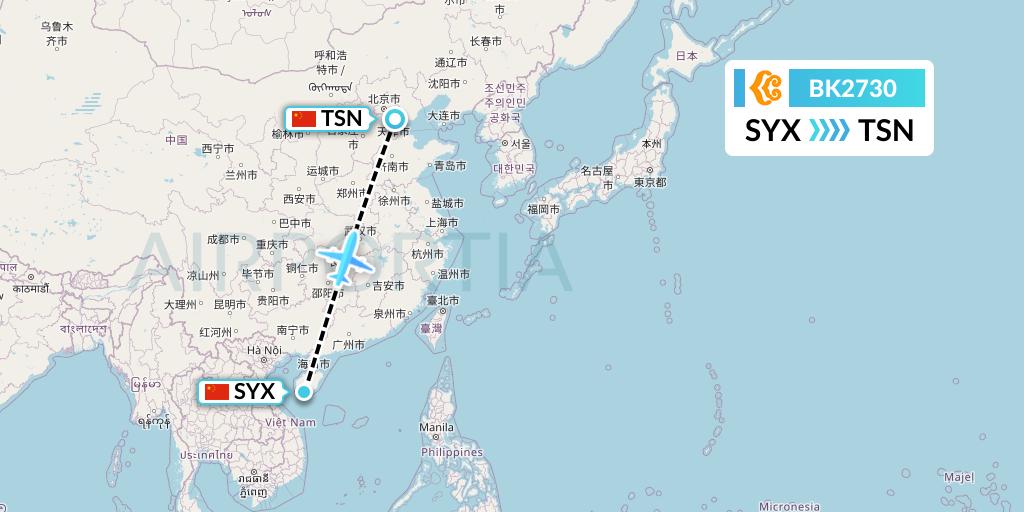 BK2730 Okay Airways Flight Map: Sanya to Tianjin