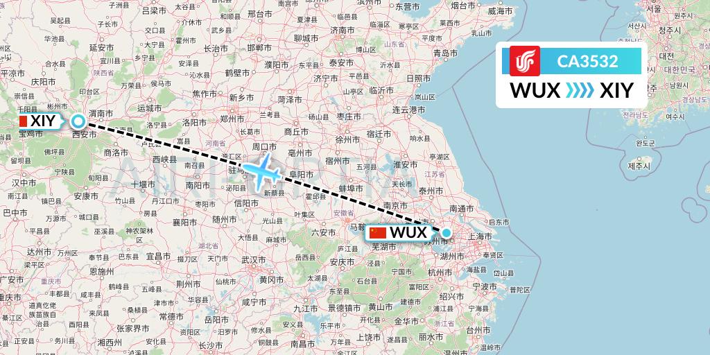 CA3532 Air China Flight Map: Wuxi to Xi'an