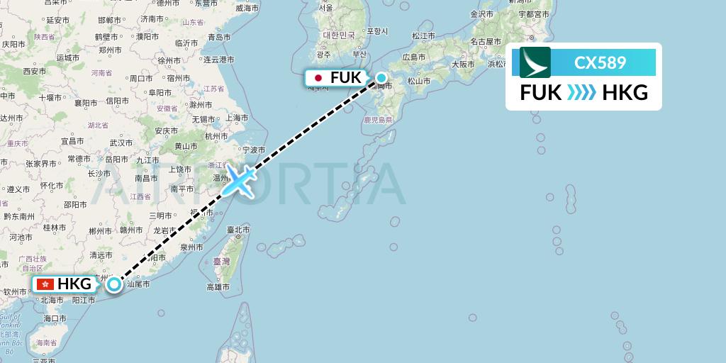 CX589 Cathay Pacific Flight Map: Fukuoka to Hong Kong