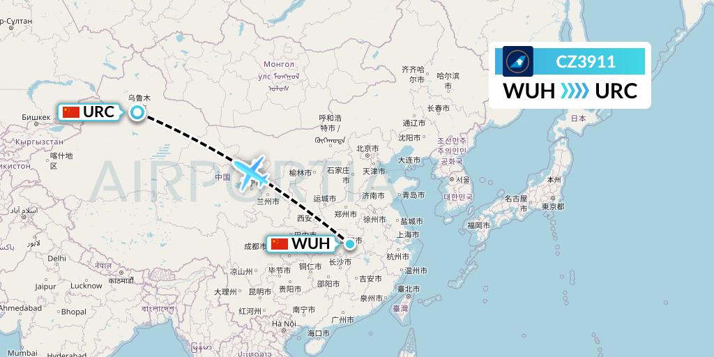 CZ3911 China Southern Airlines Flight Map: Wuhan to Urumqi