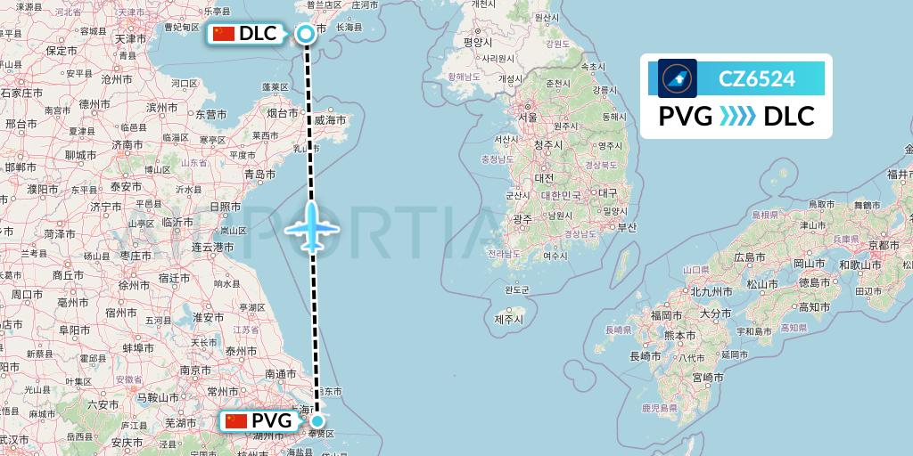 CZ6524 China Southern Airlines Flight Map: Shanghai to Dalian