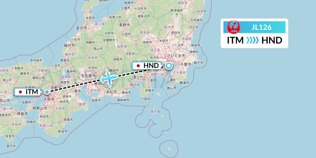 JL126 Japan Airlines Flight Map: Osaka to Tokyo