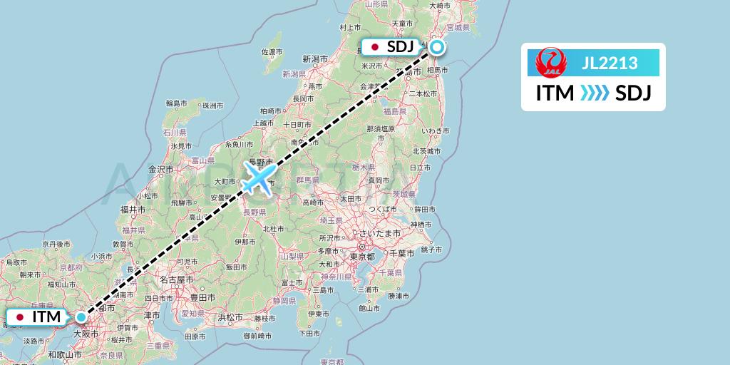 JL2213 Japan Airlines Flight Map: Osaka to Sendai