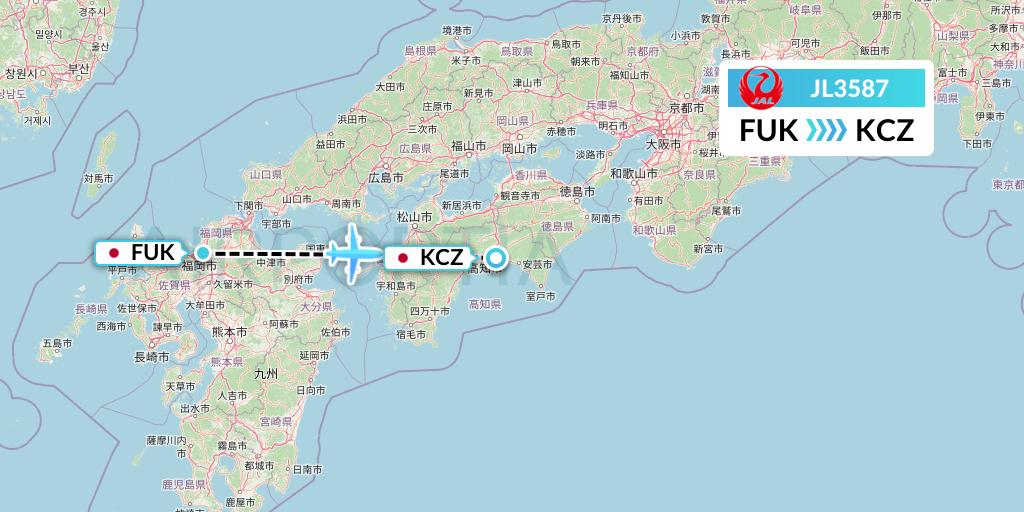 JL3587 Japan Airlines Flight Map: Fukuoka to Nankoku