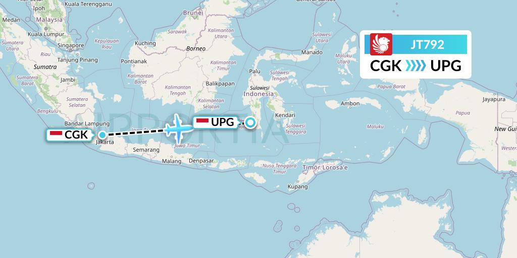 JT792 Lion Airlines Flight Map: Jakarta to Makassar