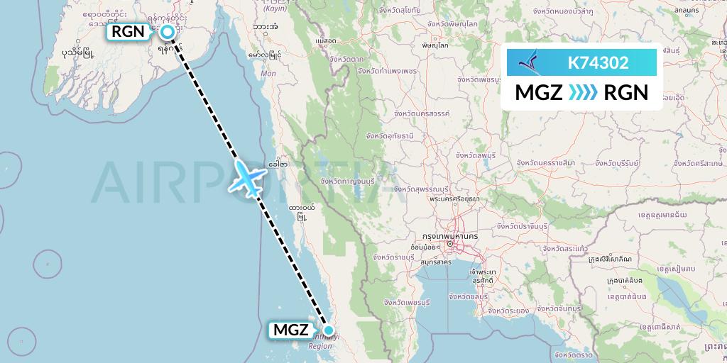 K74302 Air KBZ Flight Map: Myeik to Yangon