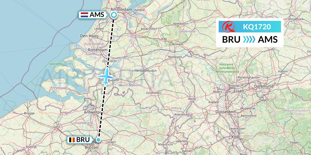 KQ1720 Kenya Airways Flight Map: Brussels to Amsterdam