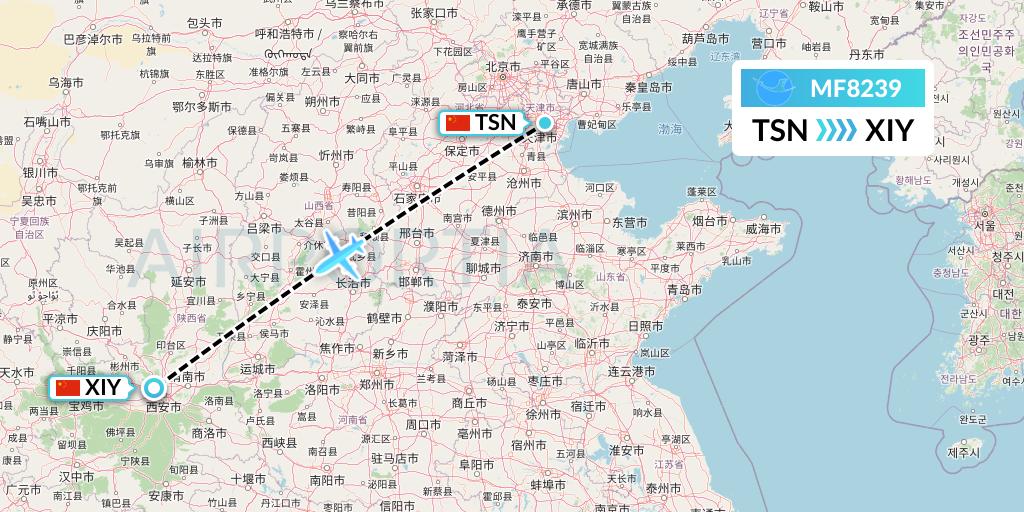 MF8239 Xiamen Airlines Flight Map: Tianjin to Xi'an