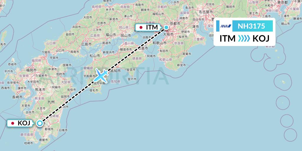 NH3175 All Nippon Airways Flight Map: Osaka to Kagoshima