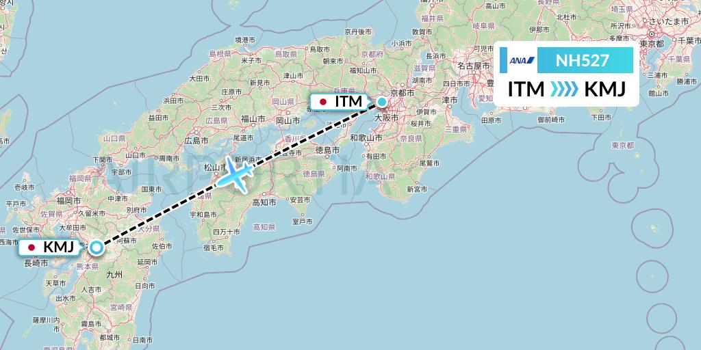 NH527 All Nippon Airways Flight Map: Osaka to Kumamoto