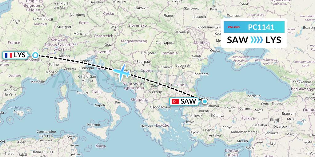PC1141 Pegasus Airlines Flight Map: Istanbul to Lyon