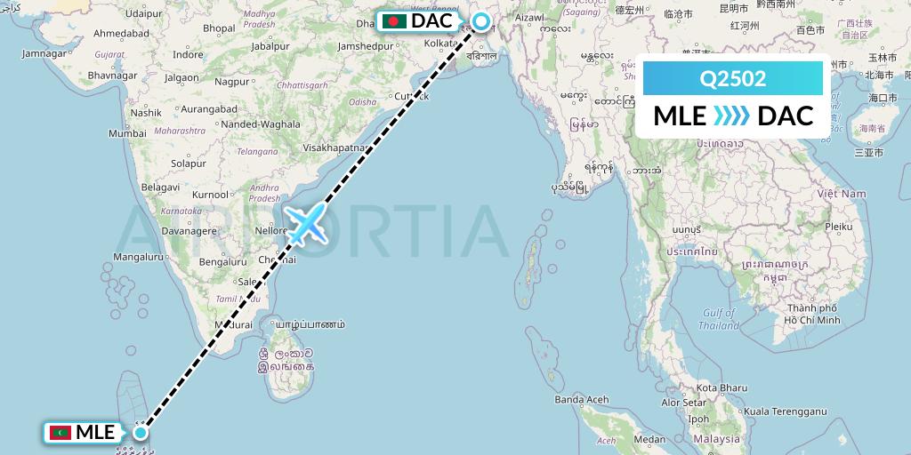 Q2502 Maldivian Flight Map: Male to Dhaka