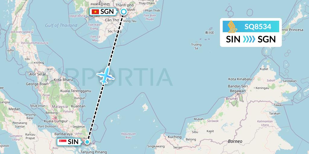 SQ8534 Singapore Airlines Flight Map: Singapore to Ho Chi Minh City