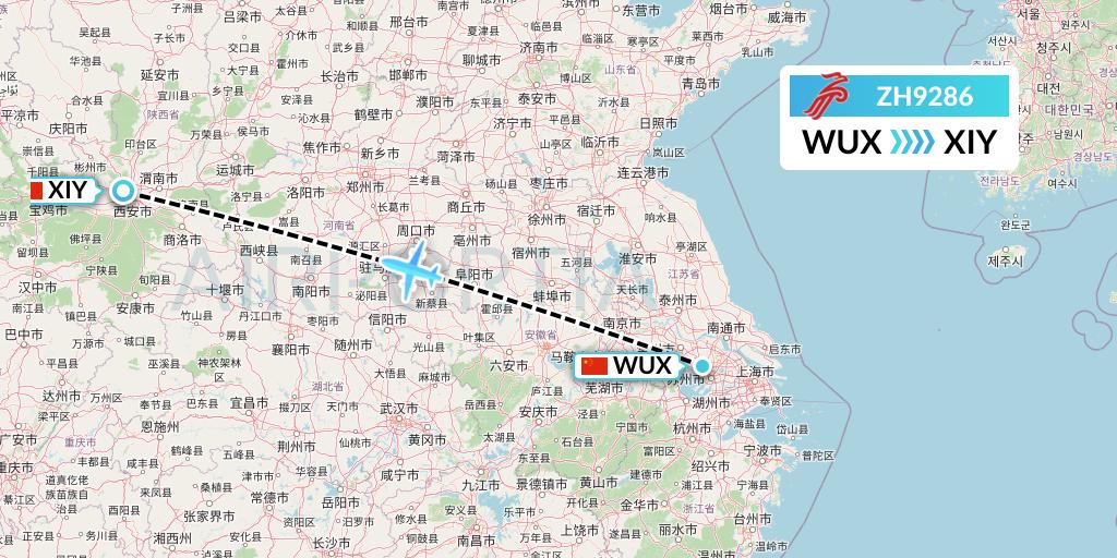 ZH9286 Shenzhen Airlines Flight Map: Wuxi to Xi'an
