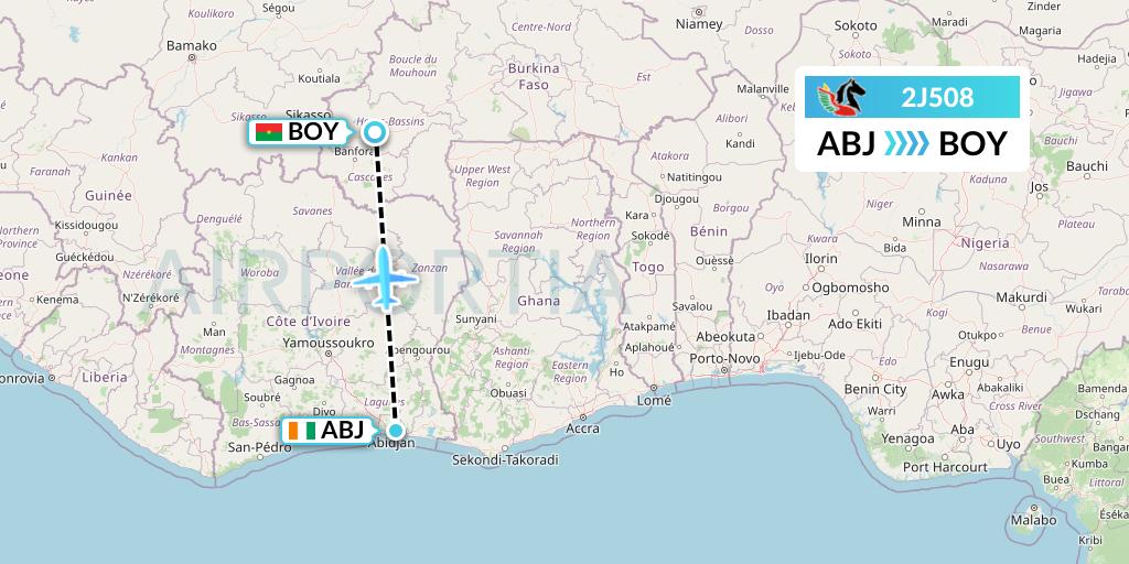 2J508 Air Burkina Flight Map: Abidjan to Bobo Dioulasso