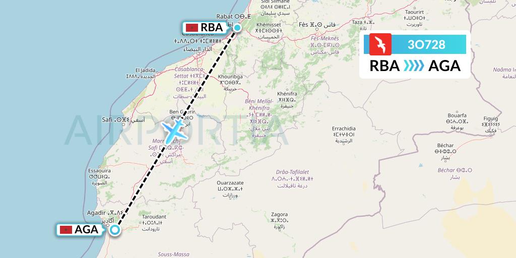 3O728 Air Arabia Maroc Flight Map: Rabat to Agadir