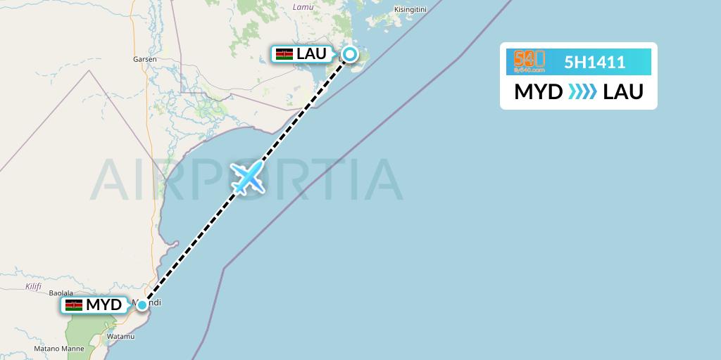 5H1411 Fly540 Flight Map: Malindi to Lamu