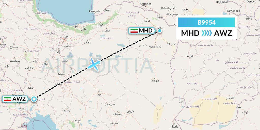 B9954 Iran Air Tours Flight Map: Mashhad to Ahvaz