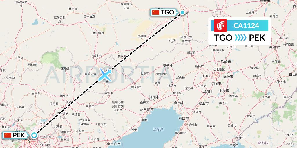 CA1124 Air China Flight Map: Tongliao to Beijing