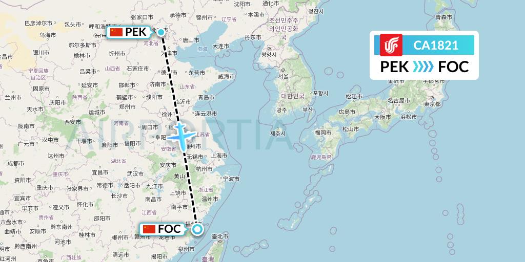 CA1821 Air China Flight Map: Beijing to Fuzhou