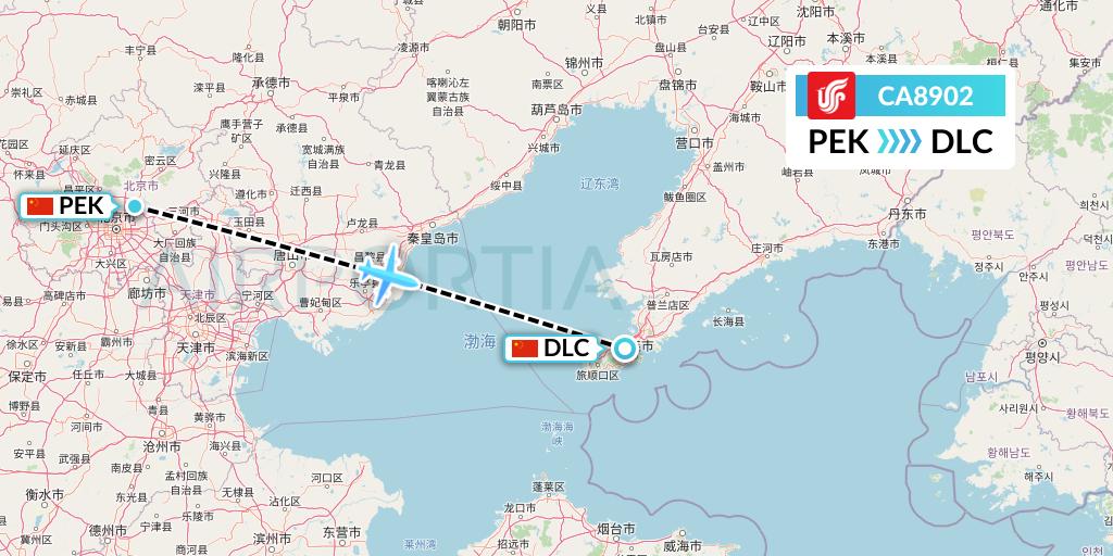 CA8902 Air China Flight Map: Beijing to Dalian