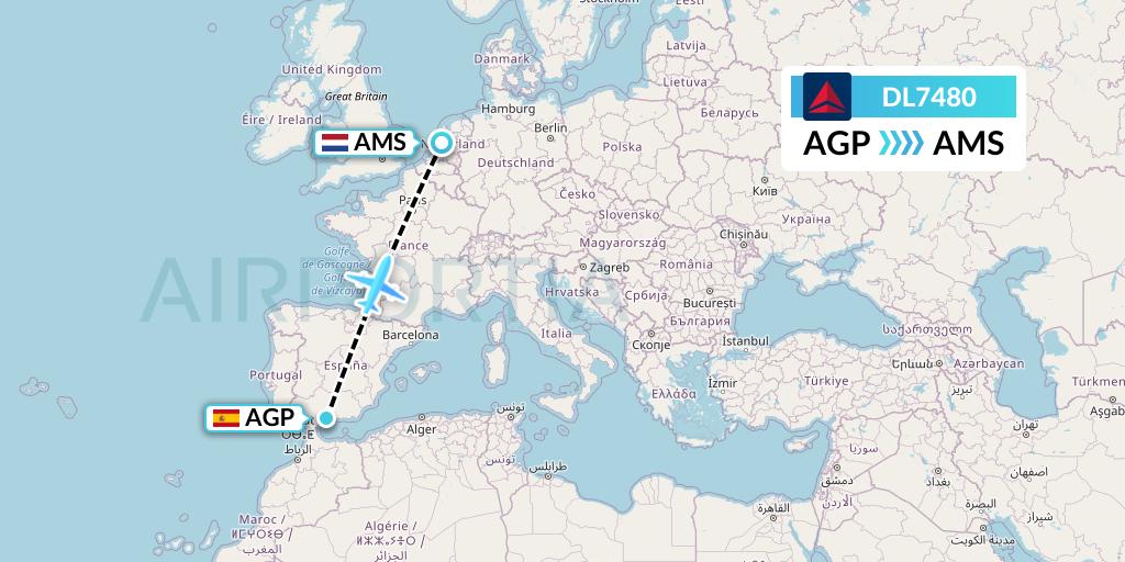 DL7480 Delta Air Lines Flight Map: Malaga to Amsterdam