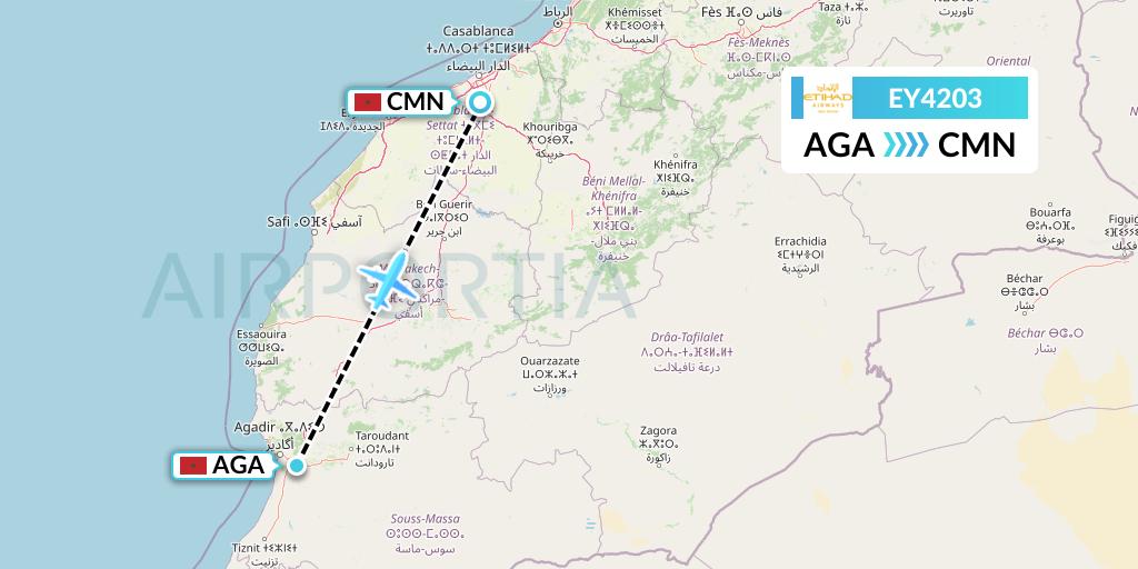 EY4203 Etihad Airways Flight Map: Agadir to Casablanca