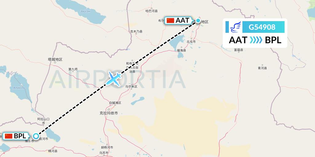 G54908 China Express Airlines Flight Map: Altay to Bole