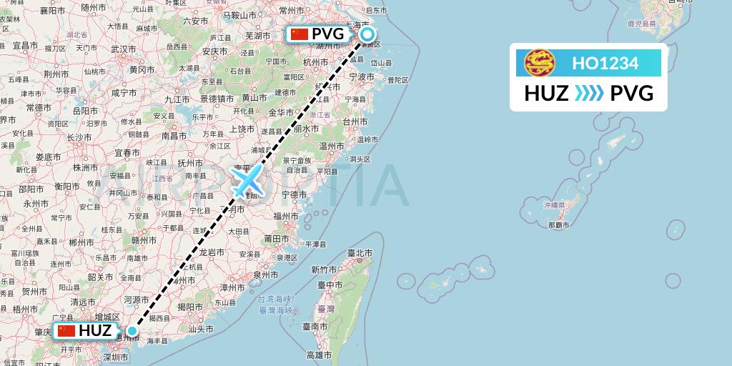 HO1234 Juneyao Airlines Flight Map: Huizhou to Shanghai