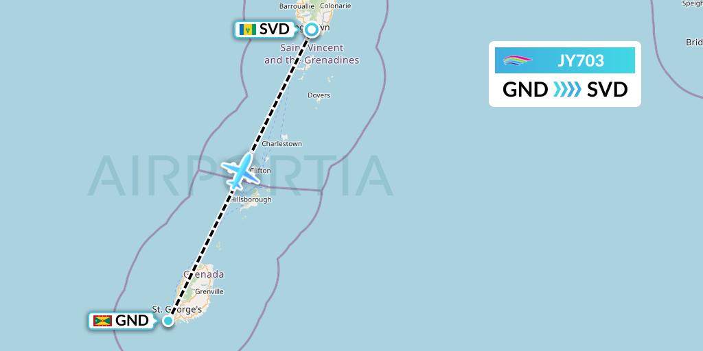 JY703 InterCaribbean Airways Flight Map: Point Salines to Kingstown
