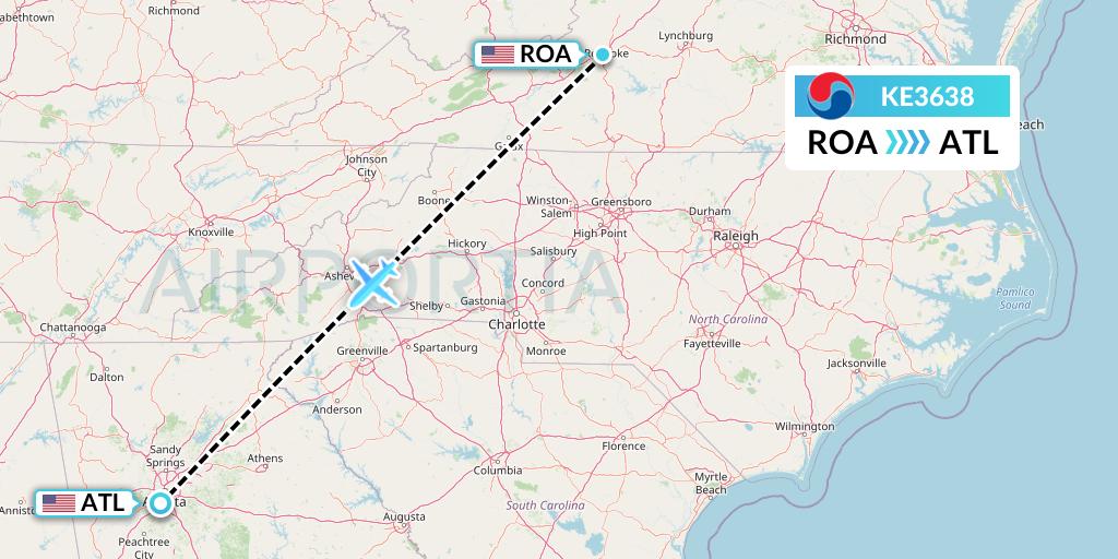 KE3638 Korean Air Flight Map: Roanoke to Atlanta