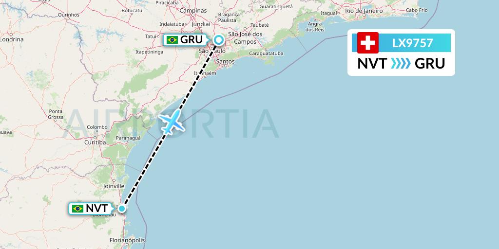 LX9757 Swiss Flight Map: Navegantes to Sao Paulo