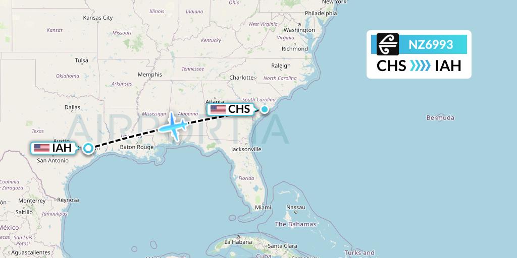 NZ6993 Air New Zealand Flight Map: Charleston to Houston