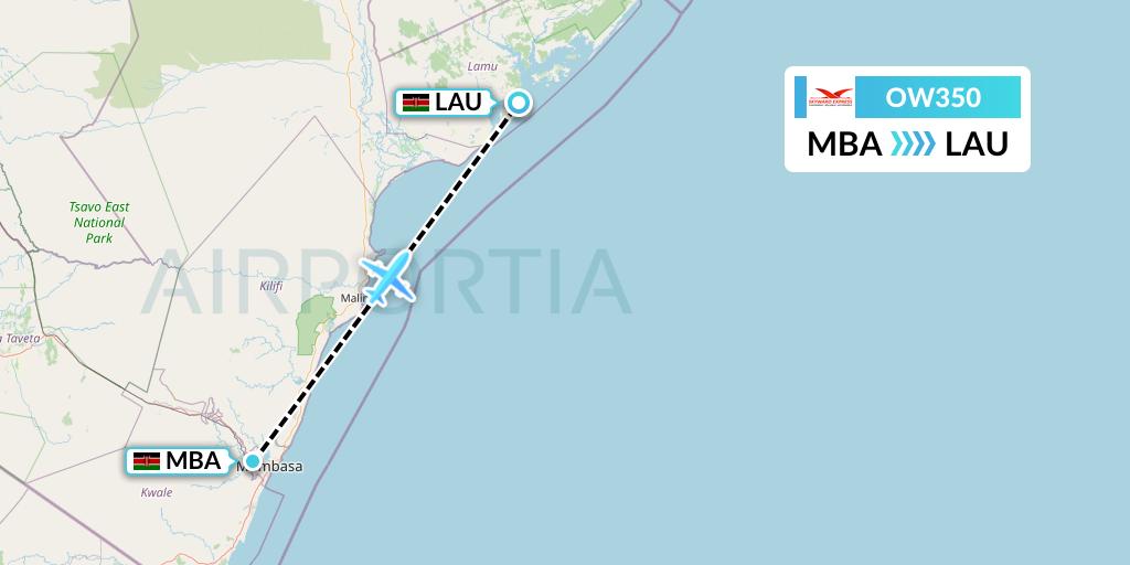 OW350 Skyward Express Flight Map: Mombasa to Lamu
