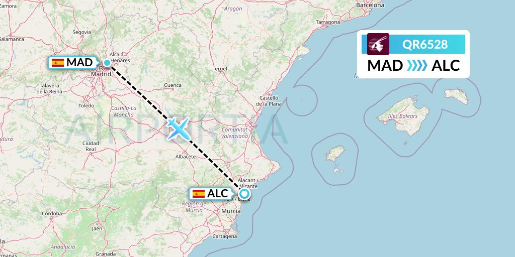 QR6528 Qatar Airways Flight Map: Madrid to Alicante