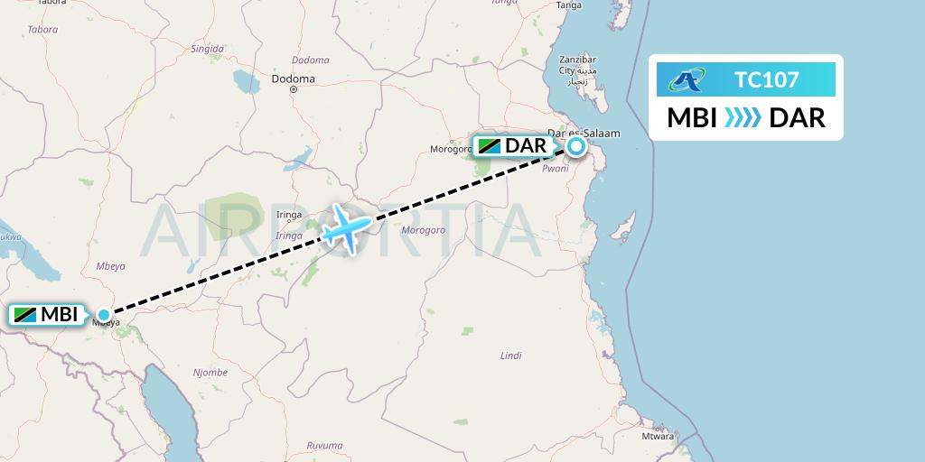 TC107 Air Tanzania Flight Map: Mbeya to Dar-es-Salaam