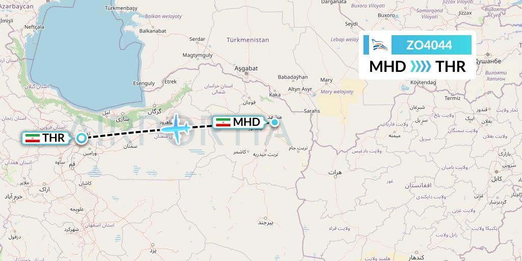 ZO4044 Zagros Airlines Flight Map: Mashhad to Tehran
