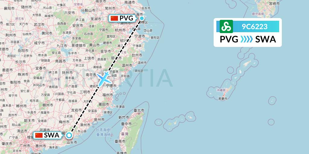 9C6223 Spring Airlines Flight Map: Shanghai to Jieyang