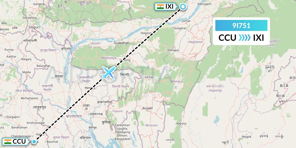 9I751 Air India Regional Flight Map: Kolkata to Lilabari