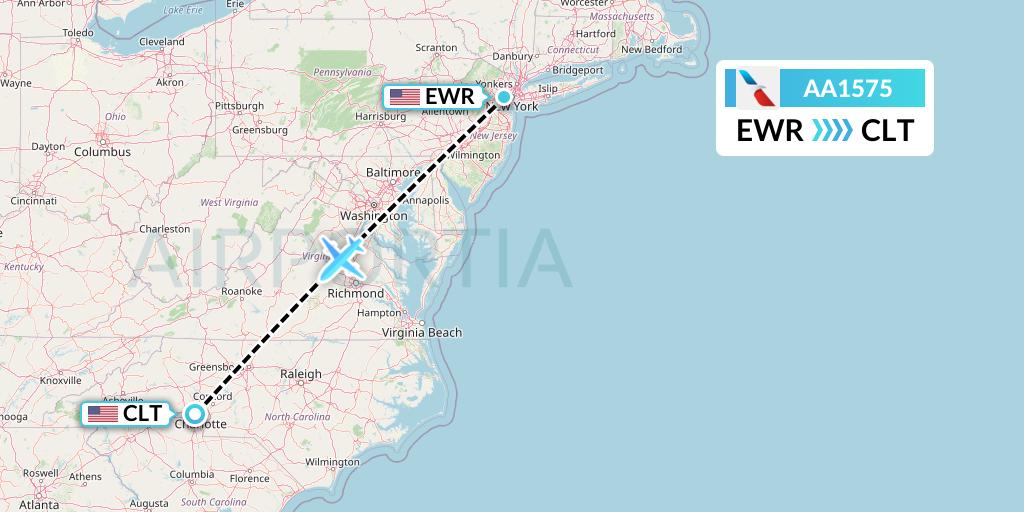 AA1575 American Airlines Flight Map: New York to Charlotte