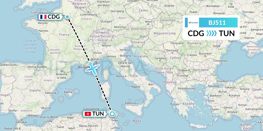 BJ511 Nouvelair Tunisie Flight Map: Paris to Tunis