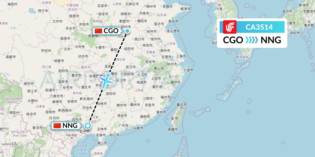CA3514 Air China Flight Map: Zhengzhou to Nanning