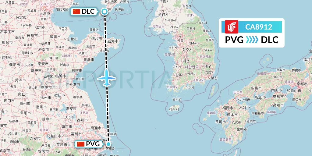 CA8912 Air China Flight Map: Shanghai to Dalian