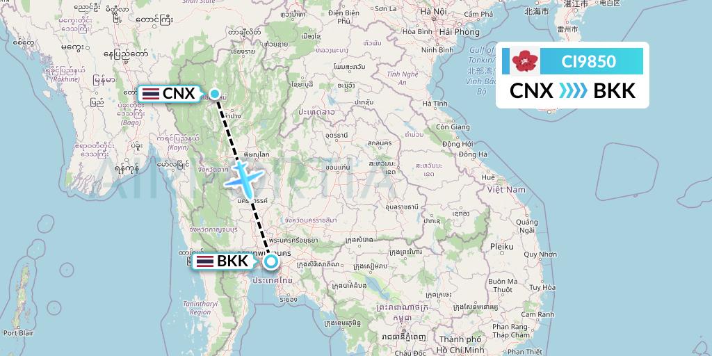 CI9850 China Airlines Flight Map: Chiang Mai to Bangkok