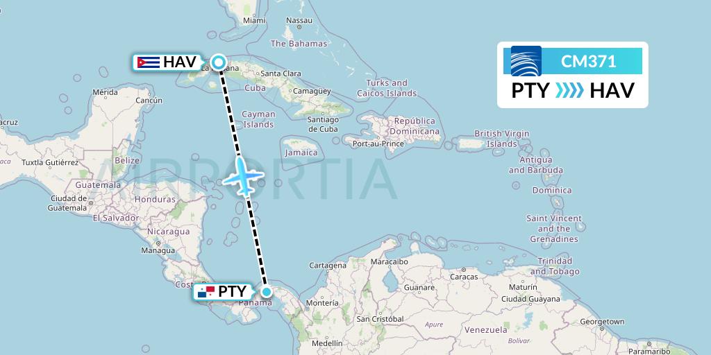 CM371 Copa Airlines Flight Map: Panama City to Havana