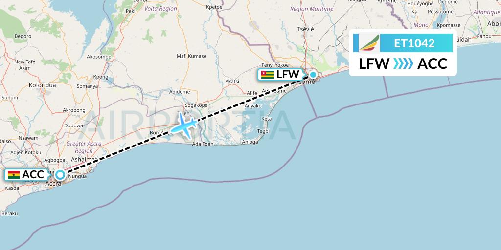 ET1042 Ethiopian Airlines Flight Map: Lome to Accra
