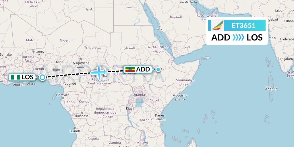 ET3651 Ethiopian Airlines Flight Map: Addis Ababa to Lagos